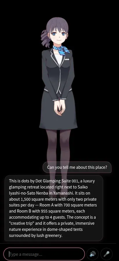 A guest asks 'Can you tell me about this B&B?' and the AI character introduces the accommodation using the property's own information