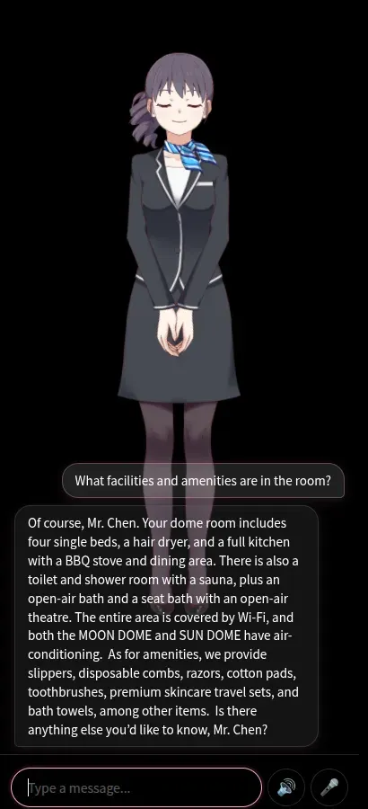 A guest asks 'What facilities and amenities are in the room?' and the AI character describes the in-room facilities and amenities