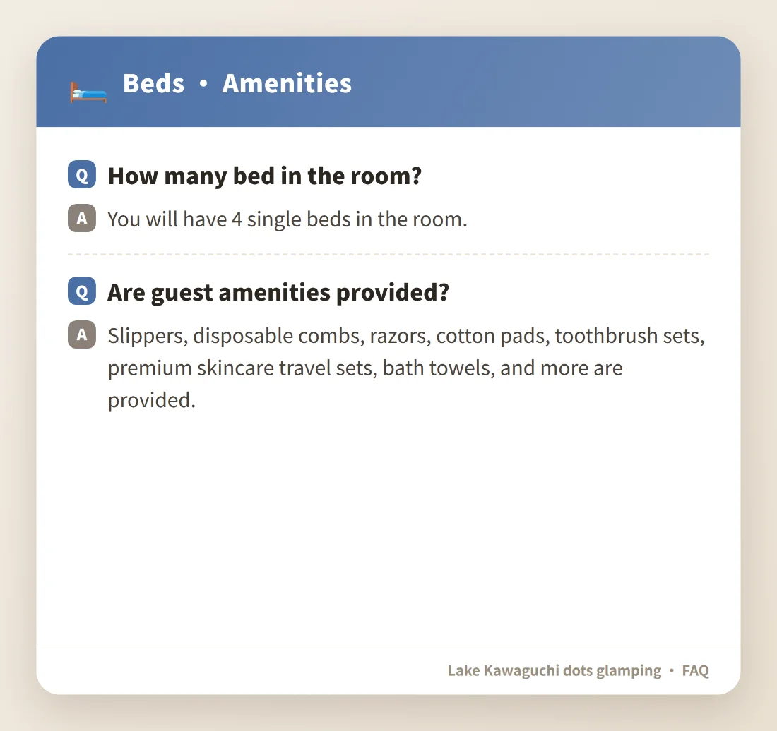 The AI also brings up the 'Beds / Amenities' FAQ card