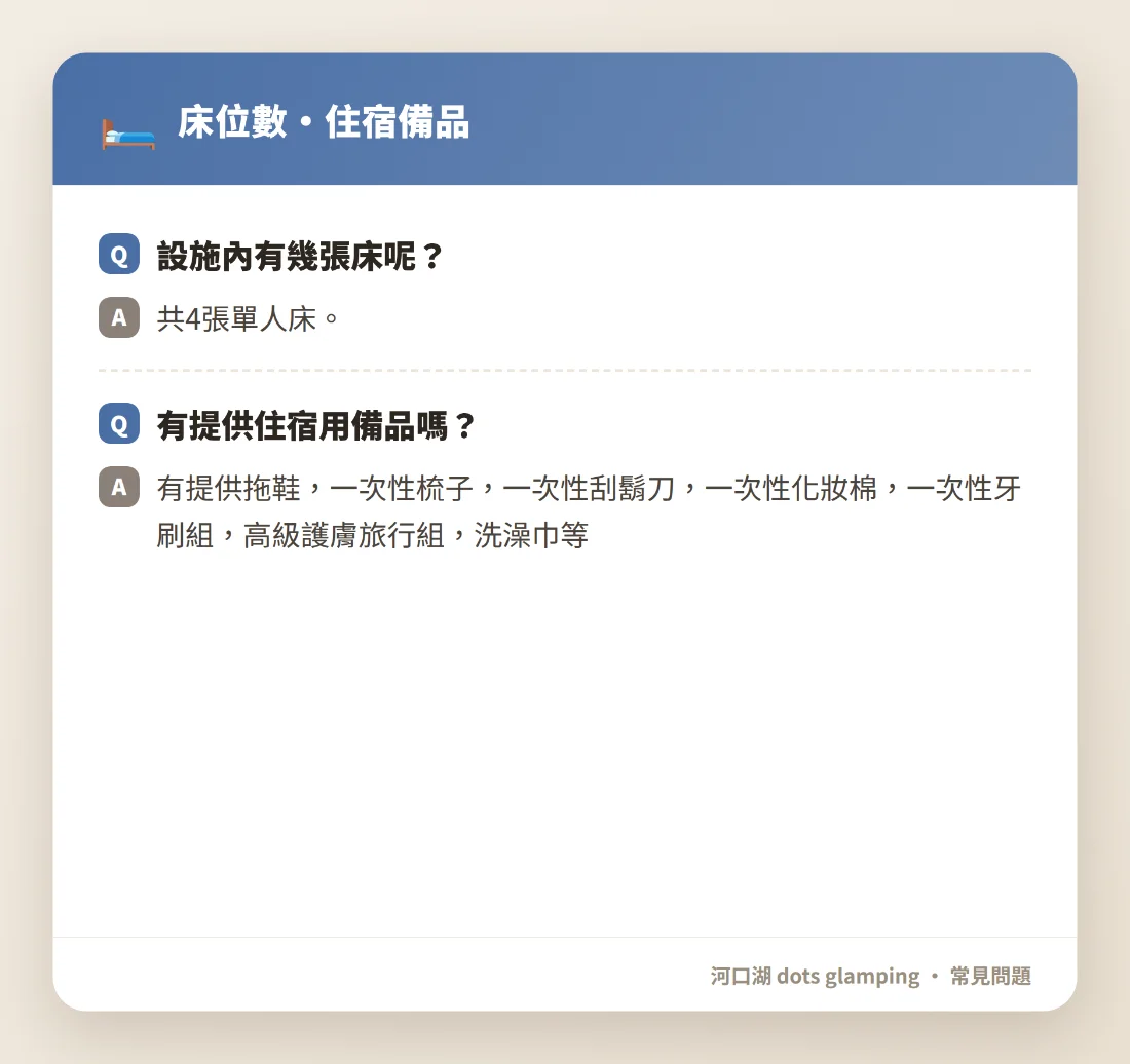 AI 同時帶出「床位數・住宿備品」常見問題卡