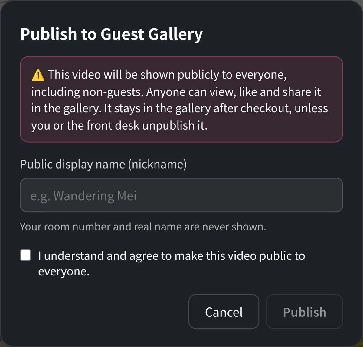 Publish to Traveler Gallery: enter a nickname + agree